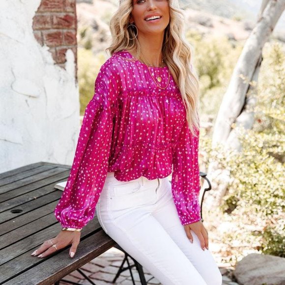 love@fs Tops - VICI Pink Magenta Shooting Stars Tiered Shimmer Blouse Top Shirt Small 4-6 NWT